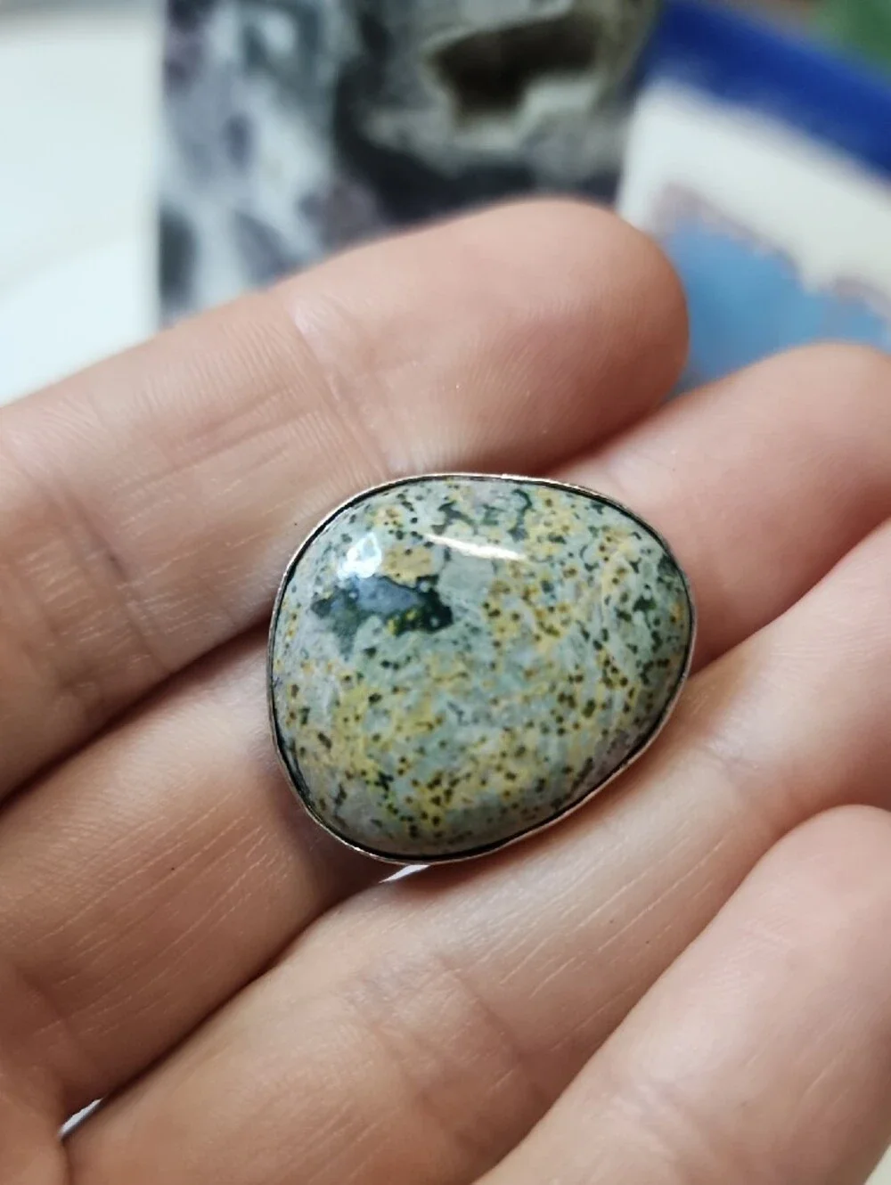 Handcrafted Ocean Jasper Statement Ring in Green and Cream